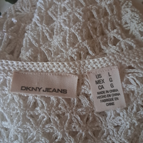 DKNY Jeans White V Neck Crochet Cotton Blend Sweater Size Large - Picture 6 of 6